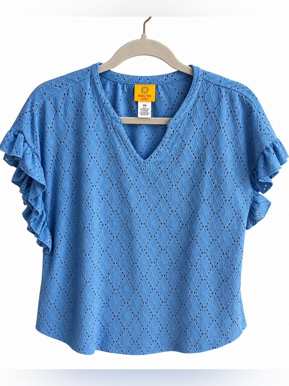 Ruby Rd. Sky Blue Eyelet V-Neck Ruffle Sleeve Blouse